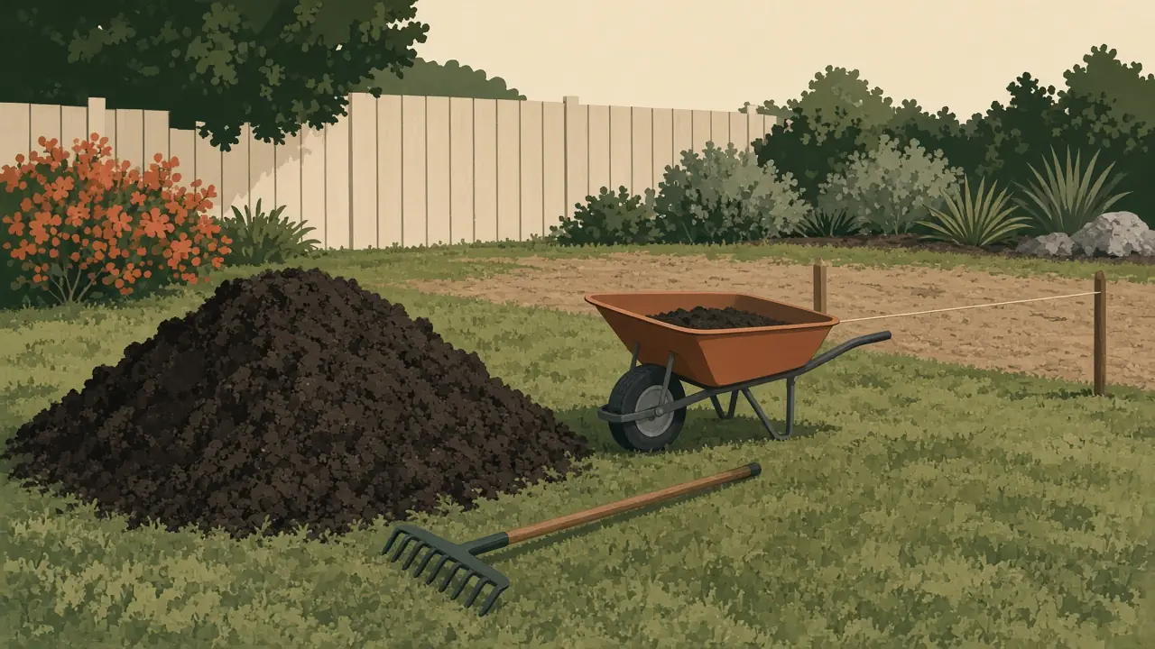 Illustration of a pile of dark topsoil on a lawn beside a wheelbarrow and rake, with a string line staked across a bare patch being regraded.