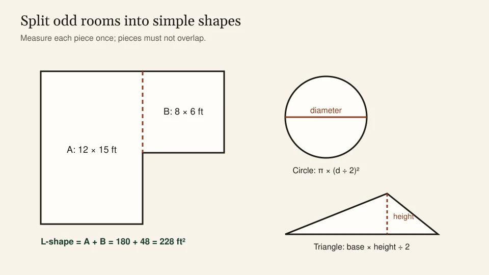 An L-shaped room split into a 12 by 15 foot rectangle and an 8 by 6 foot rectangle totaling 228 square feet, plus a circle measured across its diameter and a triangle measured by base and height.